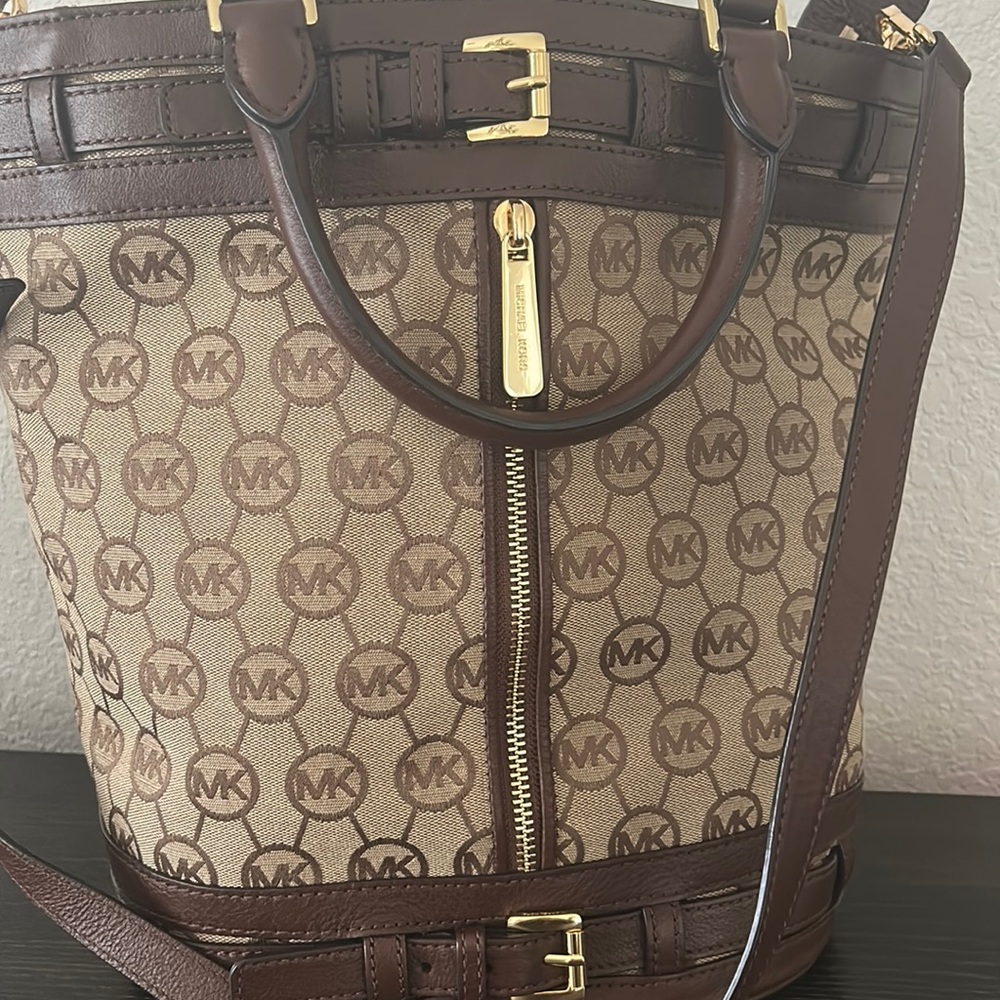 MK Leather bound canvas logo with double handle leather and carry strap